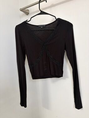 Electric Family Black Ribbed Lace-Trim Long Sleeve Crop Top